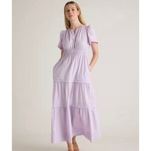 NWT Quince Organic Cotton Poplin Tiered Maxi Dress Pastel Lilac S Short Sleeve